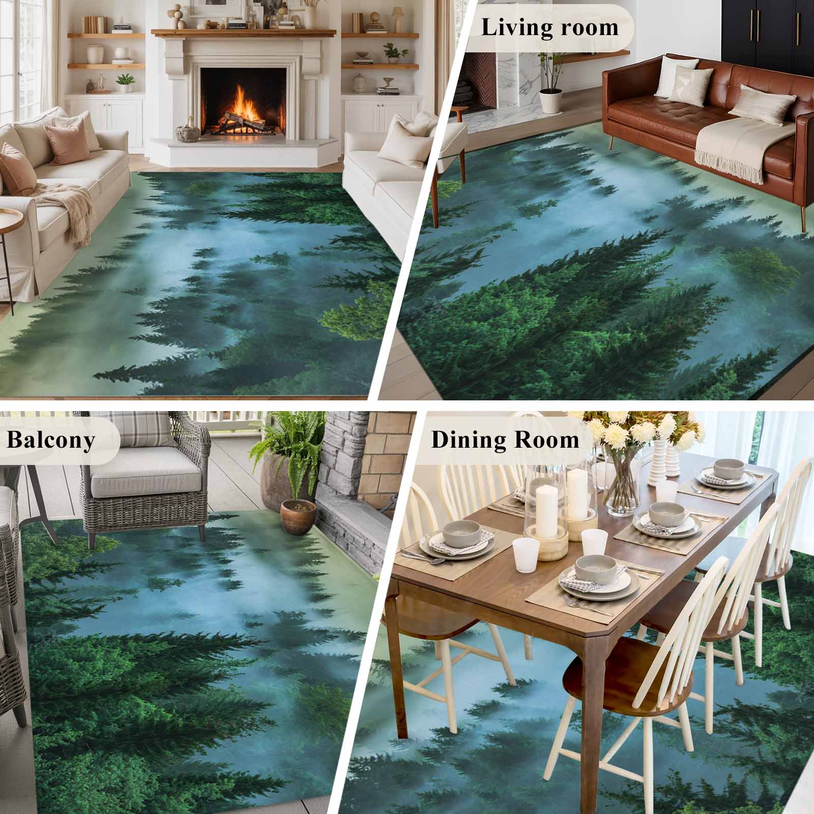 Large Area Rugs for Living Room Bedroom, Mountain 8'x10' Rug Washable Carpet Runner Indoor Outdoor, Forest Green Trees Modern Art Non Slip Floor Mats Rug for Kitchen, Patio