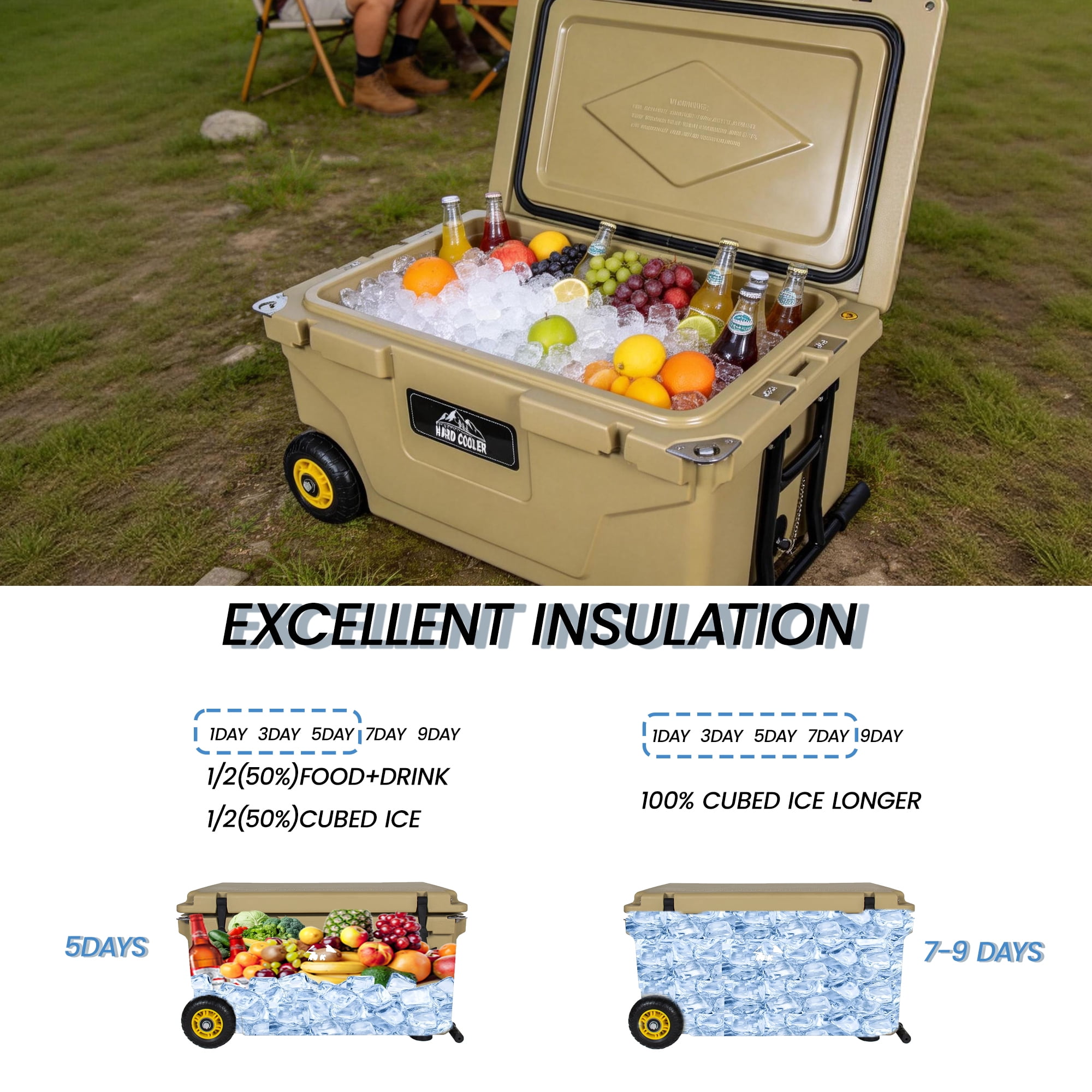 65 Quart Cooler, Ultra-Tough Hard Shell Ice Chest, Heavy Duty Insulated Portable Cooler with 6-Day Ice Retention for Camping, Job Site, Tailgating, Beach & Fishing