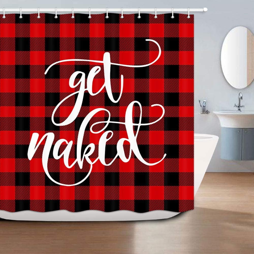Farmhouse Shower Curtain Funny Quotes Get Naked Fabric with Hooks Red and Black Buffalo Plaid