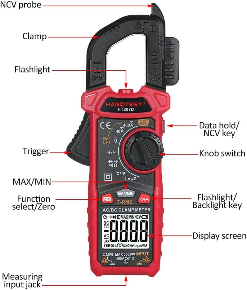 HT207D 4000 Counts Digital Clamp Meter, Handheld Multimeter, AC DC Voltage, Current Voltmeter, Diode Resistance, High Precision Multifunctional Digital Display Clamp Meter