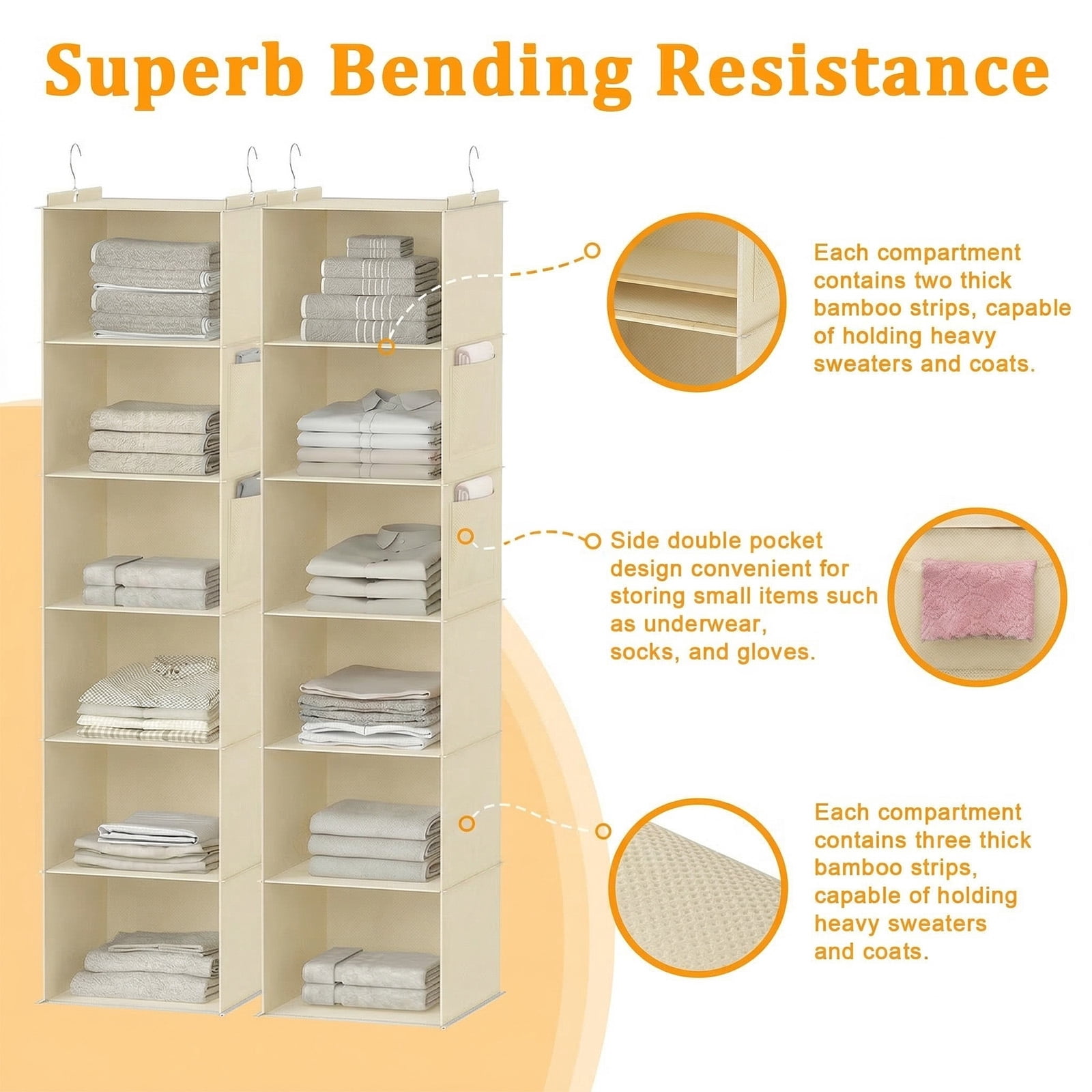 Closet Hanging Storage Shelves, 6-Shelf Hanging Closet Organizer with Bamboo Inserts, Foldable Closet Organizers and Storage for Bedroom,Sturdy Hook Closet Storage W/ 2 Side Pockets,Gray