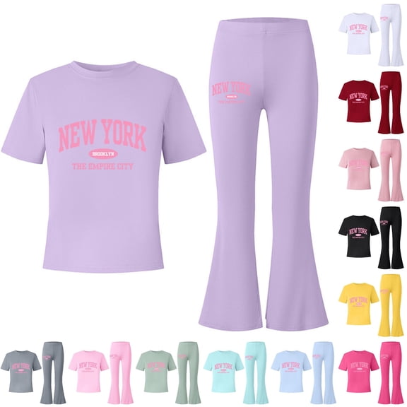 RUTAYY Girls 2 Piece Casual Set Crew Neck Letter Graphic Tee Elastic Waist Flare Leg Pants Kids Daily Playwear Purple