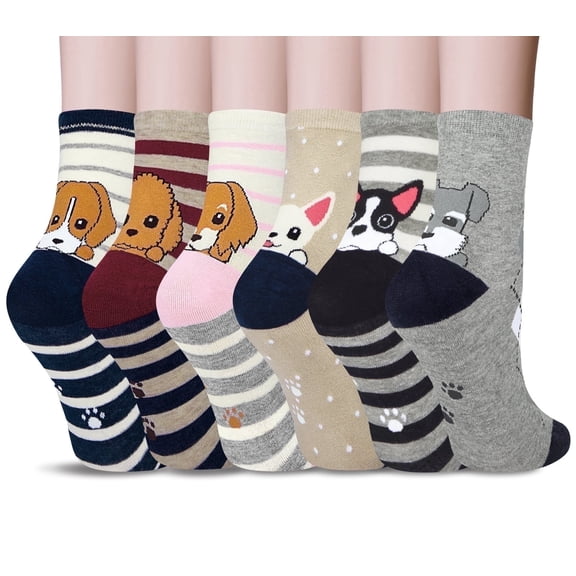 Loritta 6 Pairs Womens Crew Socks Cute Dog Cat Novelty Animal Cartoon Girl Socks Cotton Gifts, Size 5-9
