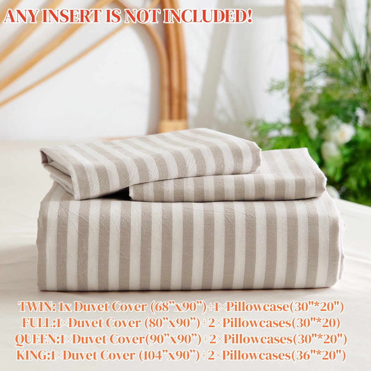 JOLUSERE 100% Organic Cotton Striped Duvet Cover Twin Set, 2-Piece Linen Like Textured Breathable Bedding Cover（Beige& White Classic Stripes）