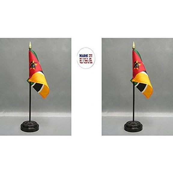 Made in The USA. 2 Mozambique Rayon 4"x6" Miniature Office Desk & Little Hand Waving Table Flags Includes 2 Flag Stands & 2 Small Mini Mozambican Stick Flags