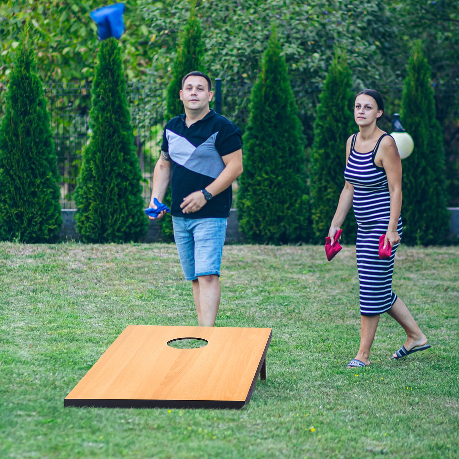 Cometoss Cornhole Set 3'x2' Outdoor Game,Yard Games-Includes 2 MDF Wood Boards 35.4x23.6 Inch,8 12 Ounce Corn Hole Bean Bag Cornhole Set (Classic Wood)