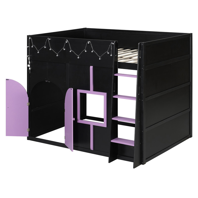 Full Size Playful Child Loft Bed with Doors & Window, Wood Kids House Bed Frame with Light Strip & Built-In Ladder