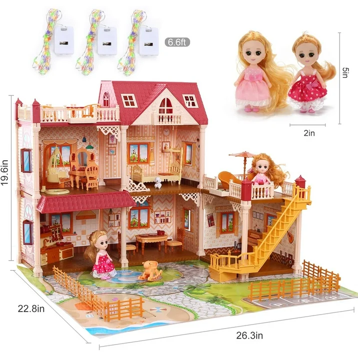JoyStone Dollhouse 5 Rooms with 2 Dolls Playset with Play Mat, Furniture&Light Strip, Gift Toy for Kids Ages 3-8