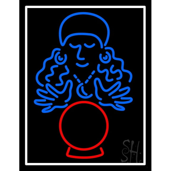 Fortune Teller Lady Crystal White Border LED Neon Sign 19" Tall x 15" Wide - inches Black Square Cut Acrylic Backing, with Dimmer - Bright and Premium built indoor LED Neon Sign for Storefront.