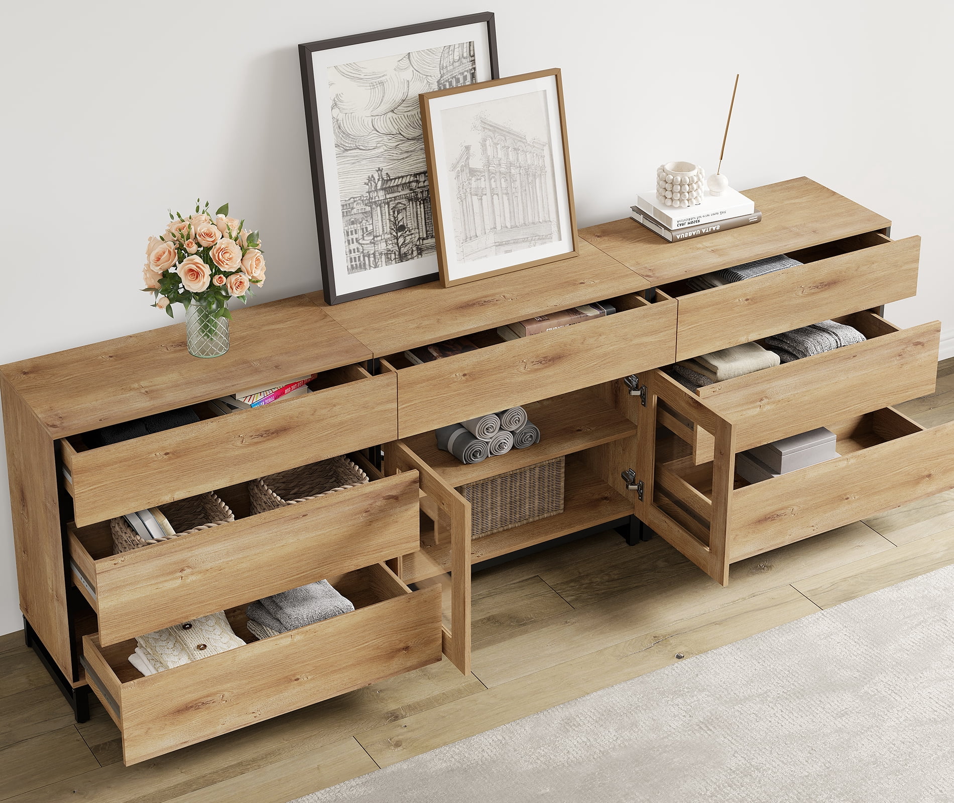 3 In 1 Dresser with Glass Doors & 7 Drawers, Modern Storage Chest with Adjustable Shelf and Metal Base, Multi-purpose Bedroom Closet Organizer Cabinet,Oak