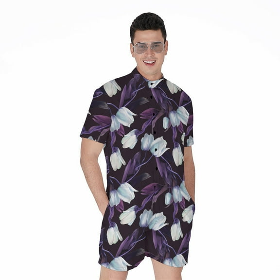 White And Purple Tulip Pattern Short Sleeve Men'S Rompers Casual Summer Jumpsuits Outfit