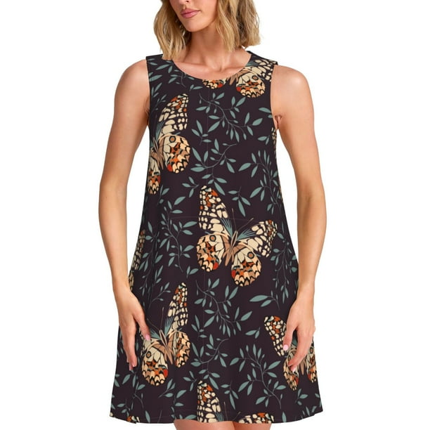 Balery Butterfly1 Vestidos de verano para mujer con estampado: vestido holgado sin mangas, vestido playero informal y cómodo para días calurosos.