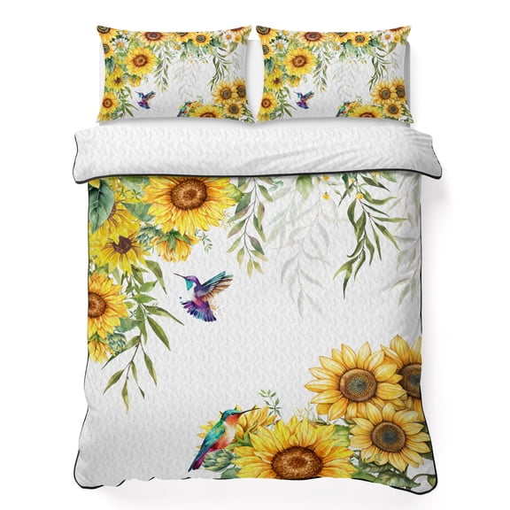 Twin Quilt Set 68''x86'', Spring Sunflowers Lightweight Bedspread Coverlet Set with 2 Pillow Shams, Birds Watercolor Botanical Garden Floral Breathable All Season Quilt Bedding for Dorm/Bedroom