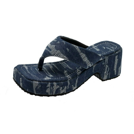 

Dpityserensio Women s Summer Casual Platform Slippers Thick Bottom Wedged-heel Fashion Solid Color Slippers Thong Sandals Dark Blue 6.5(38)