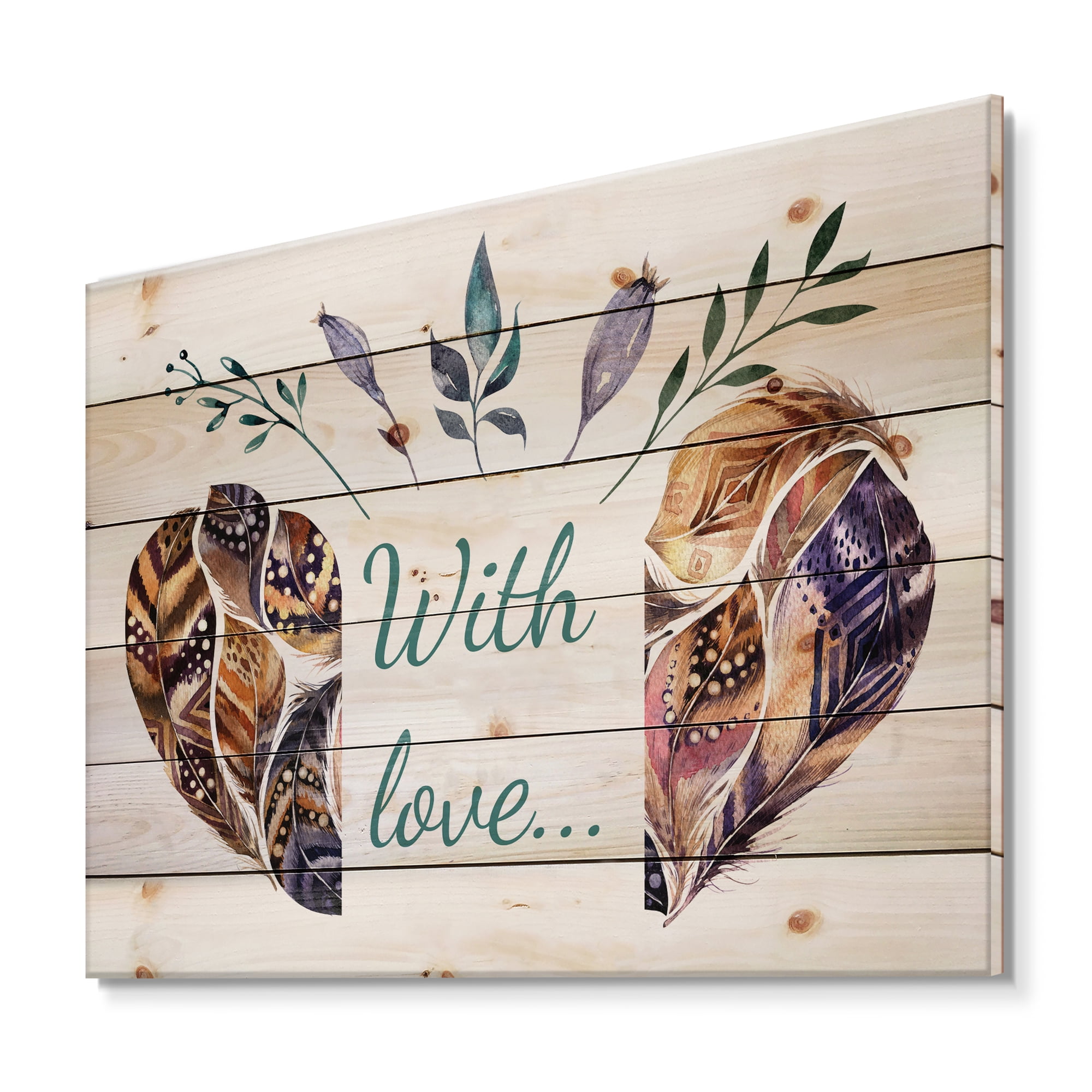 Designart 'Hearted Shaped Feathers With Love' Traditional Print on Natural Pine Wood