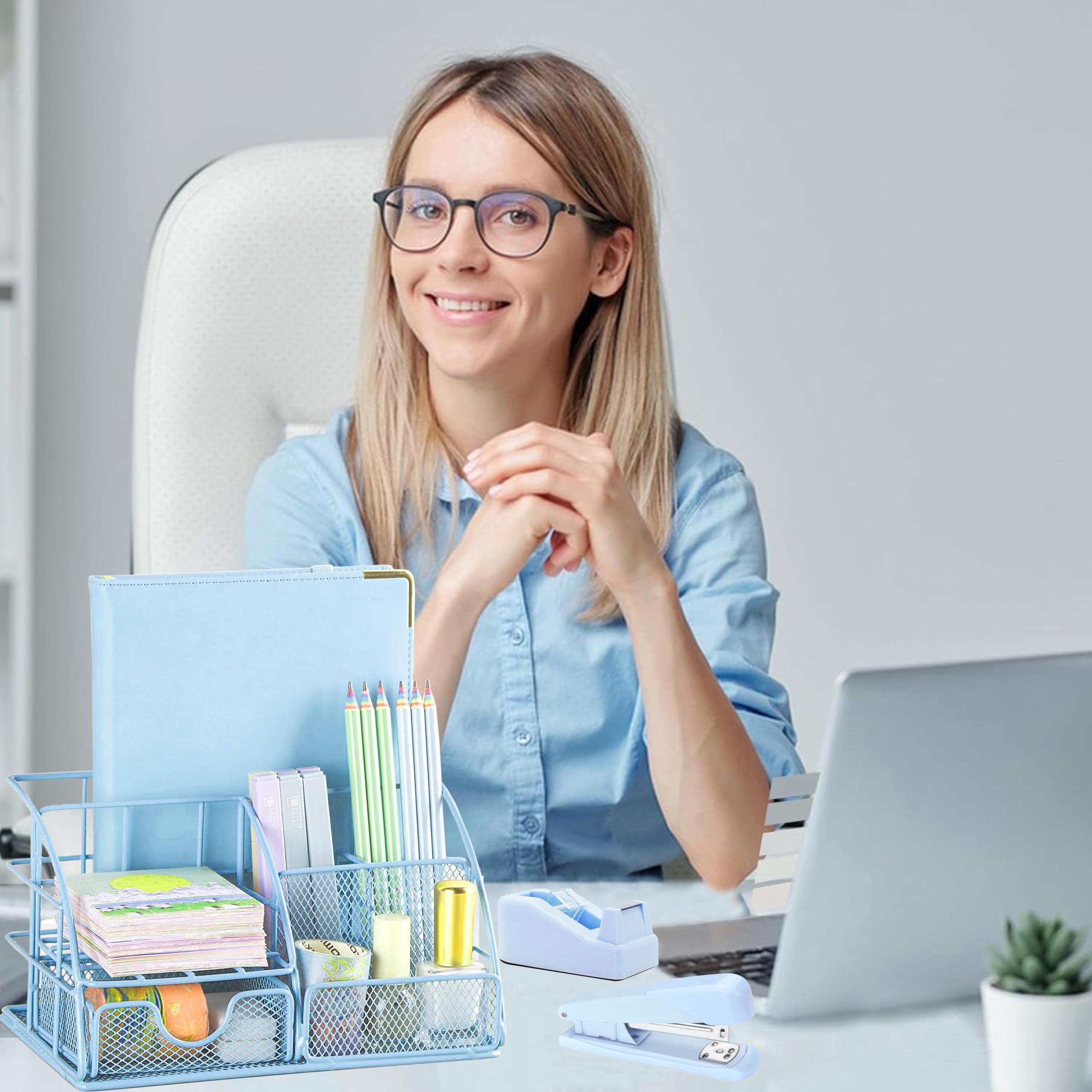 Blue Office Desk Accessories Supplies  10pcs Organizers And With Tape Dispenser Stapler Staples Scissor Ruler Sticky Tabs Ballpoint Pen Clips Set