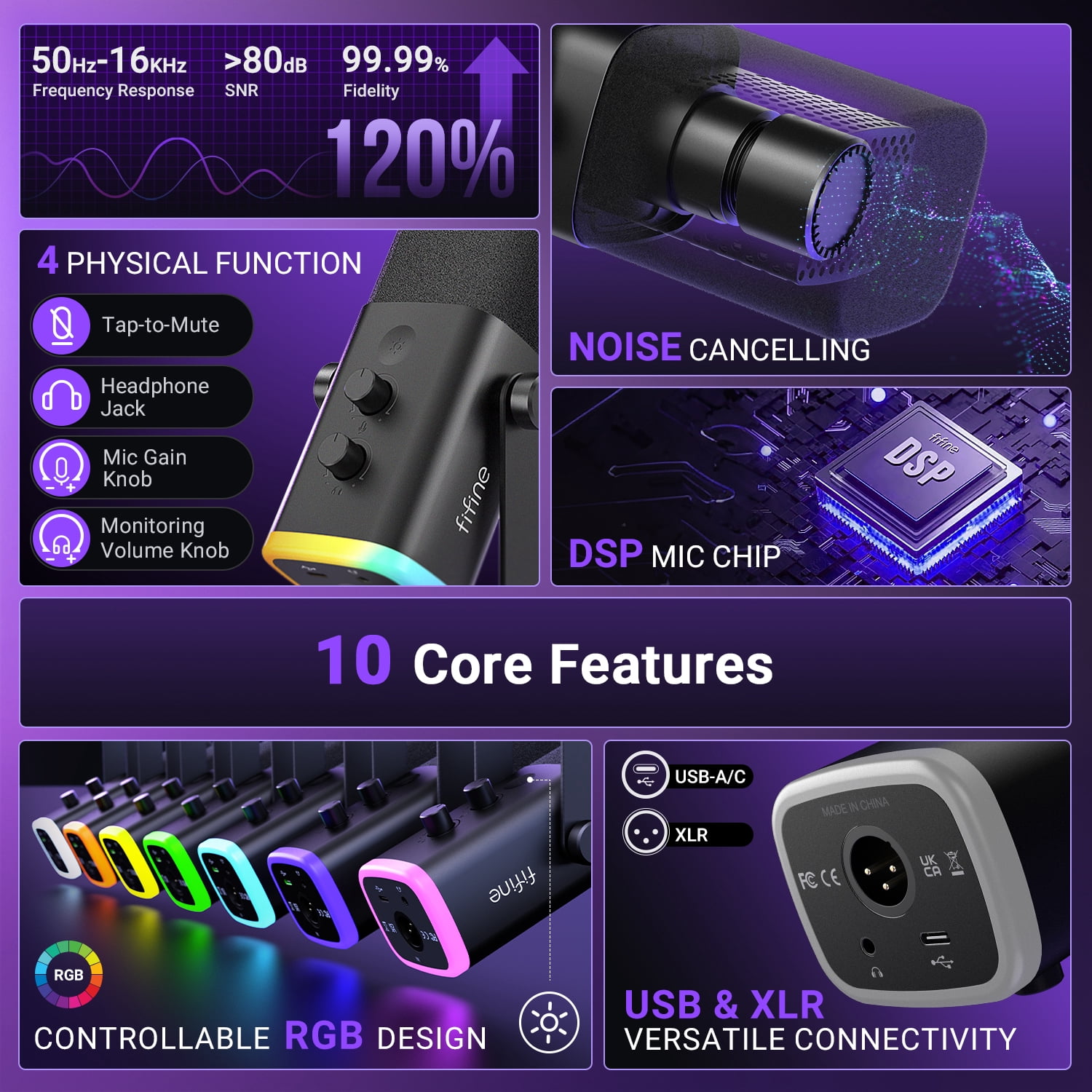 FIFINE AM8 XLR USB Dynamic Microphone for Computer PC PS5, Gaming/Podcast Mic with Clear Voice, RGB Light, Headphone Jack, Mute Button, Desktop Stand for Streaming, Music Recording