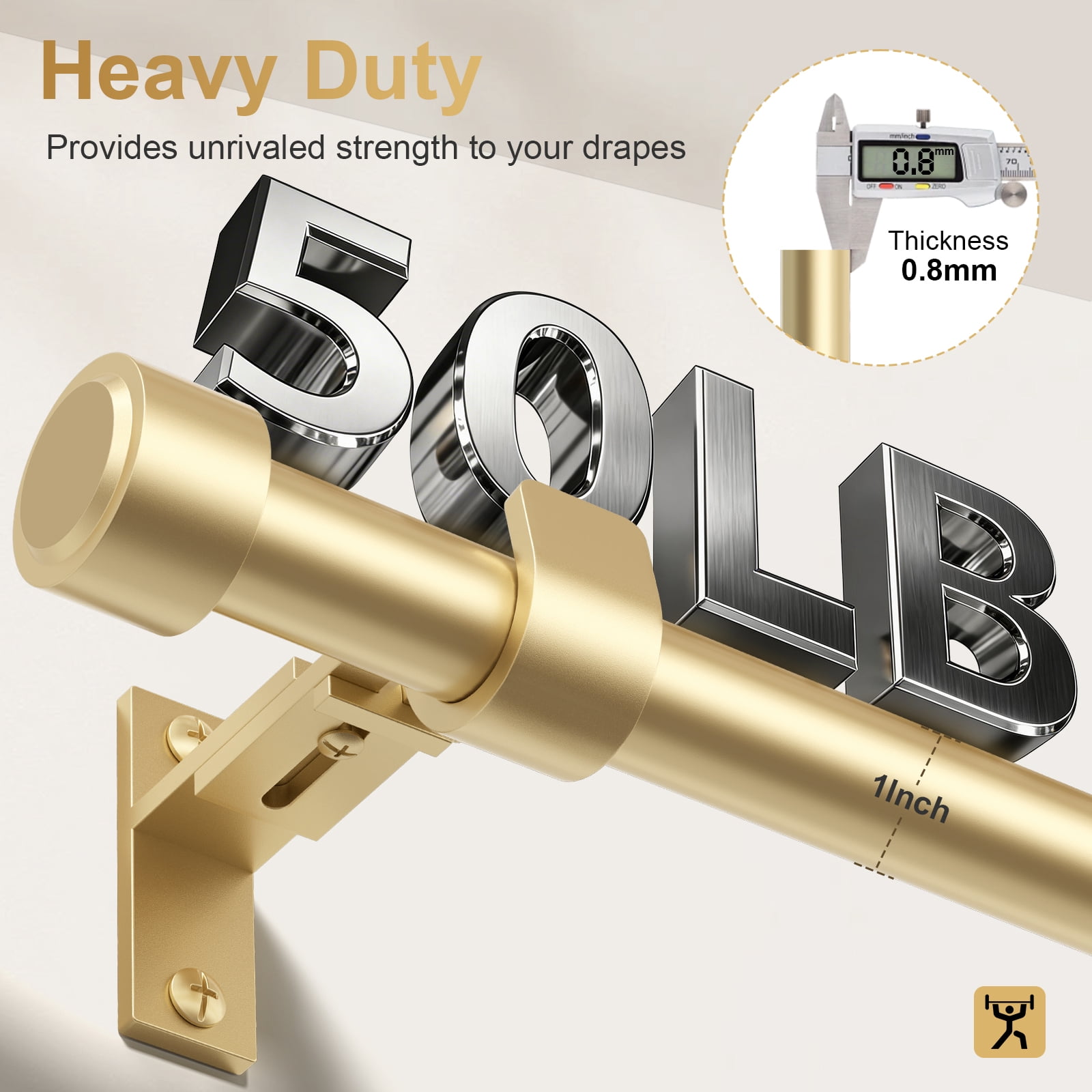 HEI! DEAR 1" Adjustable Gold Curtain Rod Heavy Duty with Solid Aluminum Finials,18-60"