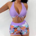 thumbnail image 2 of QLEICOM Womens Swimsuits Tummy Control Plus Size Swimsuit Coverup Fashion Floral Print Halter Split Swimsuit Bikini Print High Waist Beachwear Set Purple M, 2 of 7