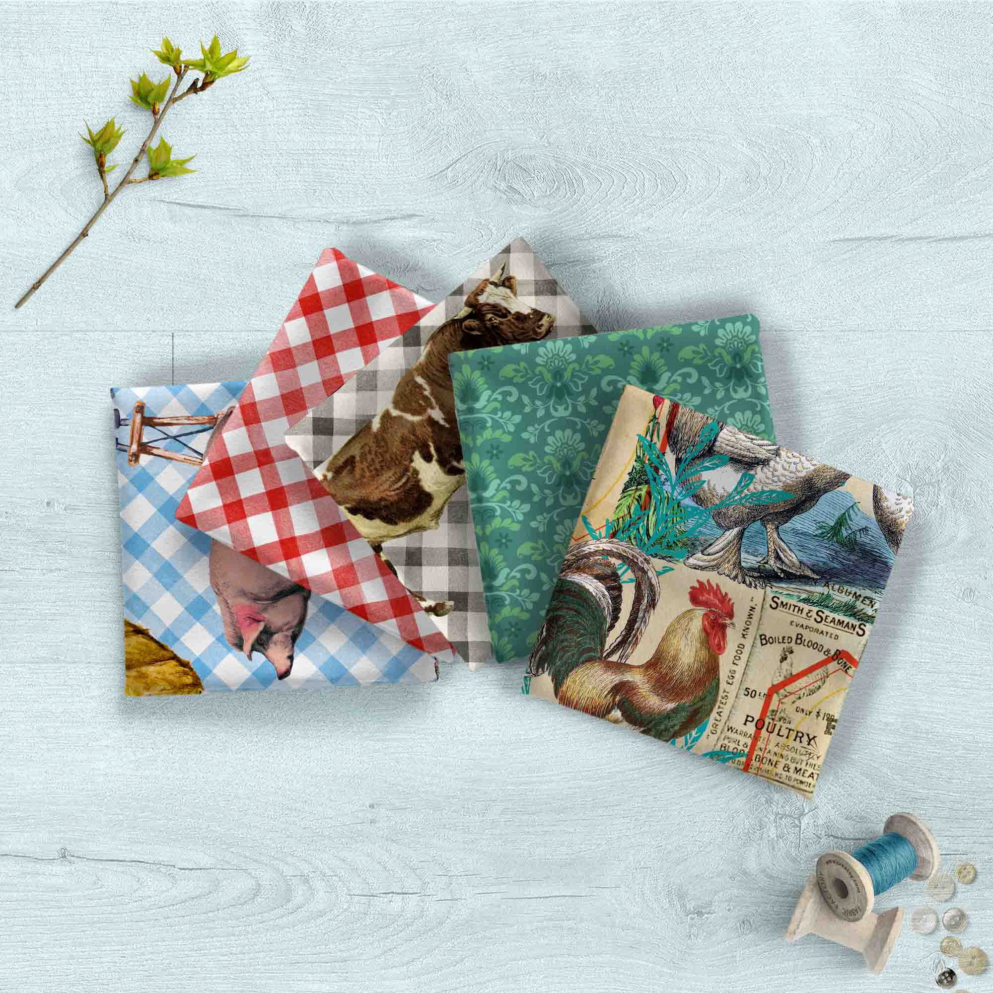 David Textiles 18" x 21" 100% Cotton Famr Chickens, Multi-color, for Quilting & Sewing, 5 Pieces