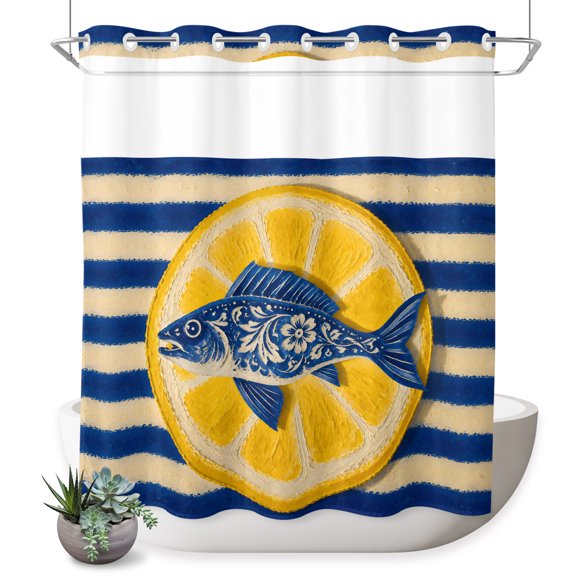 No Hook Shower Curtain, Coastal Nautical Shower Curtains for Bathroom with See Through Top Window, Summer Ocean Lemon Flower Fish Blue Stripe Waterproof & Washable Bath Curtain Long 72"x78"