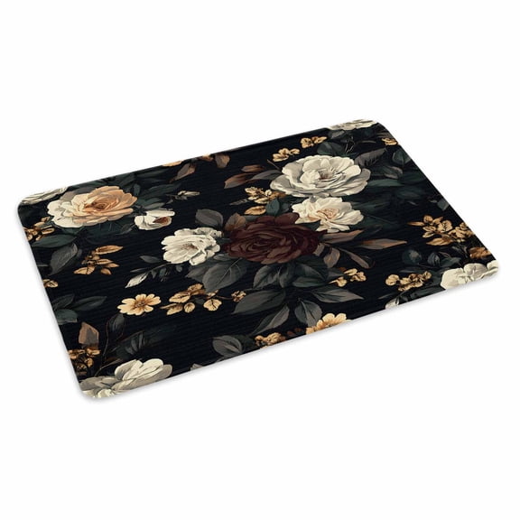Vintage Black Floral Doormat Outdoor Entrance 20"x31.5", Spring Seasonal Botanical Blooms Absorb Moisture Dirt Door Mats, Non-Slip Rubber Backing Floor Mats Indoor, Low-Profile Front Door Rugs