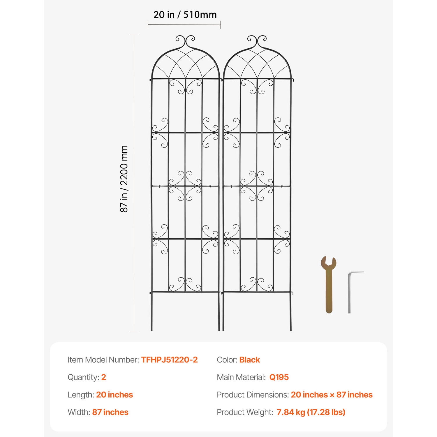 VEVOR Garden Trellis for Climbing Plants, 87 x 20 in, 2 Packs Rustproof Metal Garden Flower Trellis, Outdoor Climbing Rose Trellis Cucumbers Support, Decorative Clematis Trellis for Courtyards Lawns