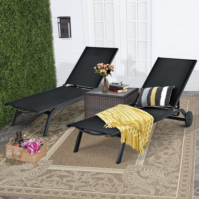 Costway Lot de 2 Chaises Longues d'Extérieur pour Patio, Fauteuils Inclinables, Aluminium, Tissu, Réglables, Noir