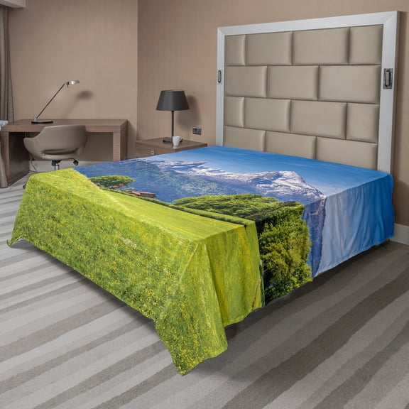 Ambesonne Mountain Flat Sheet, Alps with Meadow Flora, Queen Size, Green Blue
