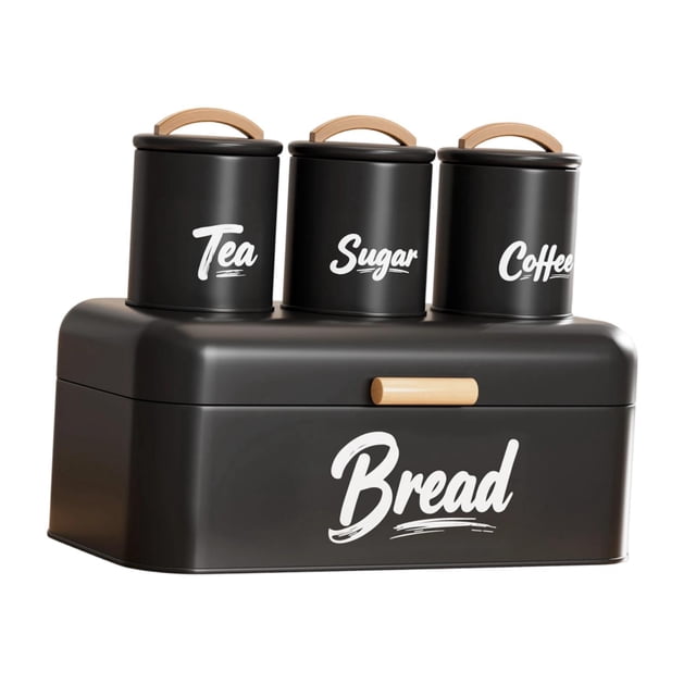 Juego de caja de pan con botes de cocina con mango de madera, decoración de cocina de metal Negro