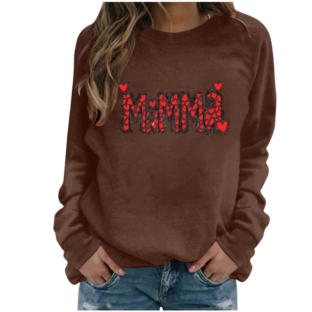 Xuyuer Women Long Sleeve Mama Sweatshirts Oversized Crewneck Pullover Hoodless Casual Knit Graphic Mom Tops