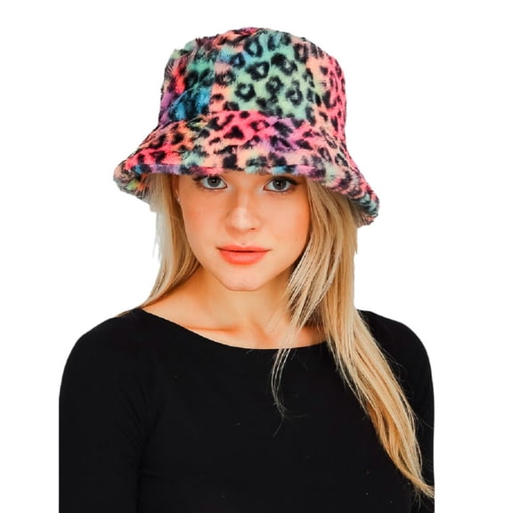 2Chique Boutique Women's Tie Dye Leopard Print Faux Fur Bucket Hat