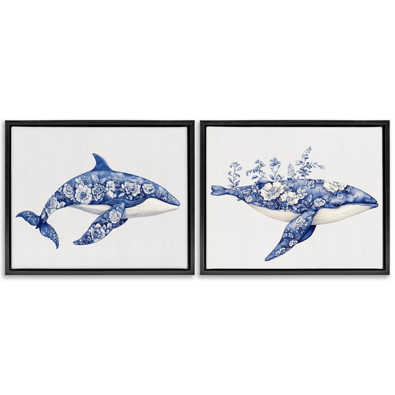 Blooming Toile Pattern Whales 2 Piece Black Framed Floater Canvas Set, design by Lettered and Lined