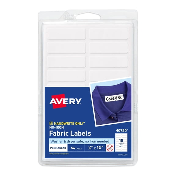 Avery No-Iron Fabric Labels, 1/2" x 1-3/4", Film Material, White, 54 Labels