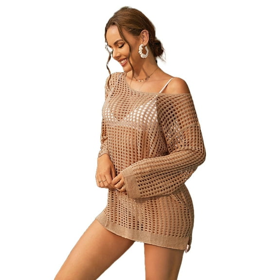 Beautyin Woman Cover up Solid Cutout Bikini Hook Flower Beach Smock Skirt Long Sleeve