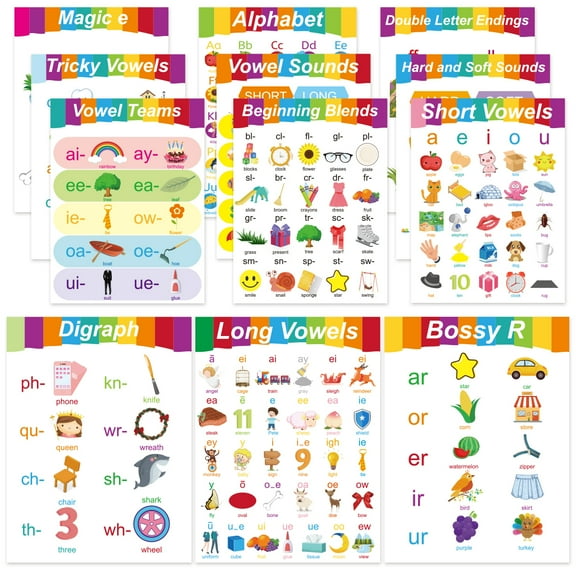 English Phonics Posters Language Arts Skills Chart Learning Vowels Poster for Kids Kindergarten Preschool Classroom Home School Supply