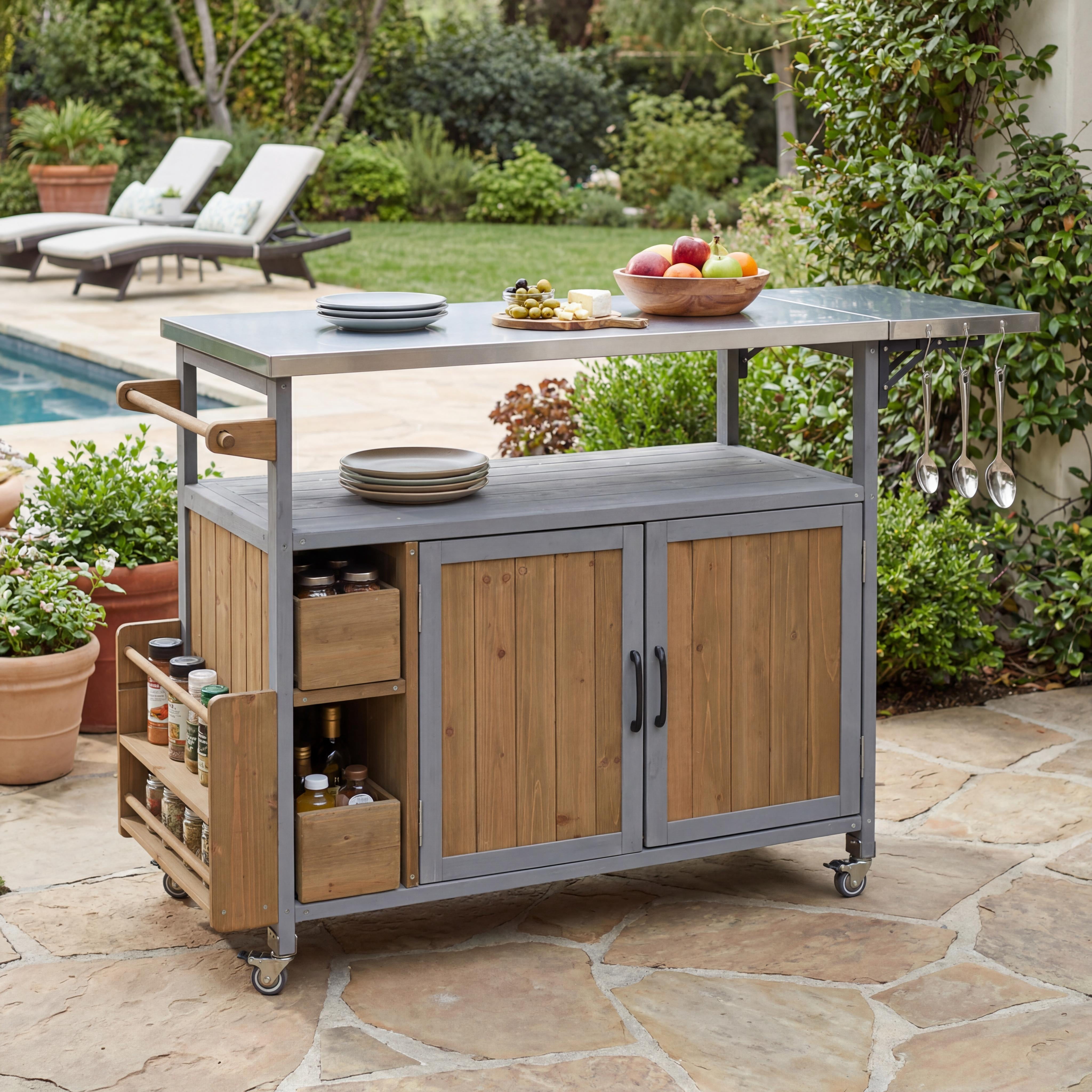 Rolling Kitchen Cart, 54.33 Inch Farmhouse Outdoor Serving Cart for Patio Backyard BBQ, Black
