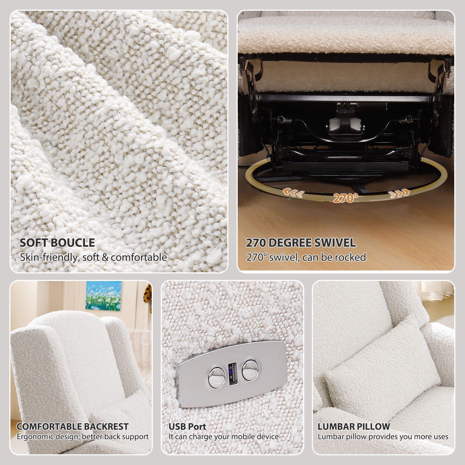 JULY'S SONG Power Swivel Gilder Rocker Recliner Chair for Adults, Skin-Friendly Nursery Rocking Chairs in Living Room with Waist Pillow, USB Charging, Beige