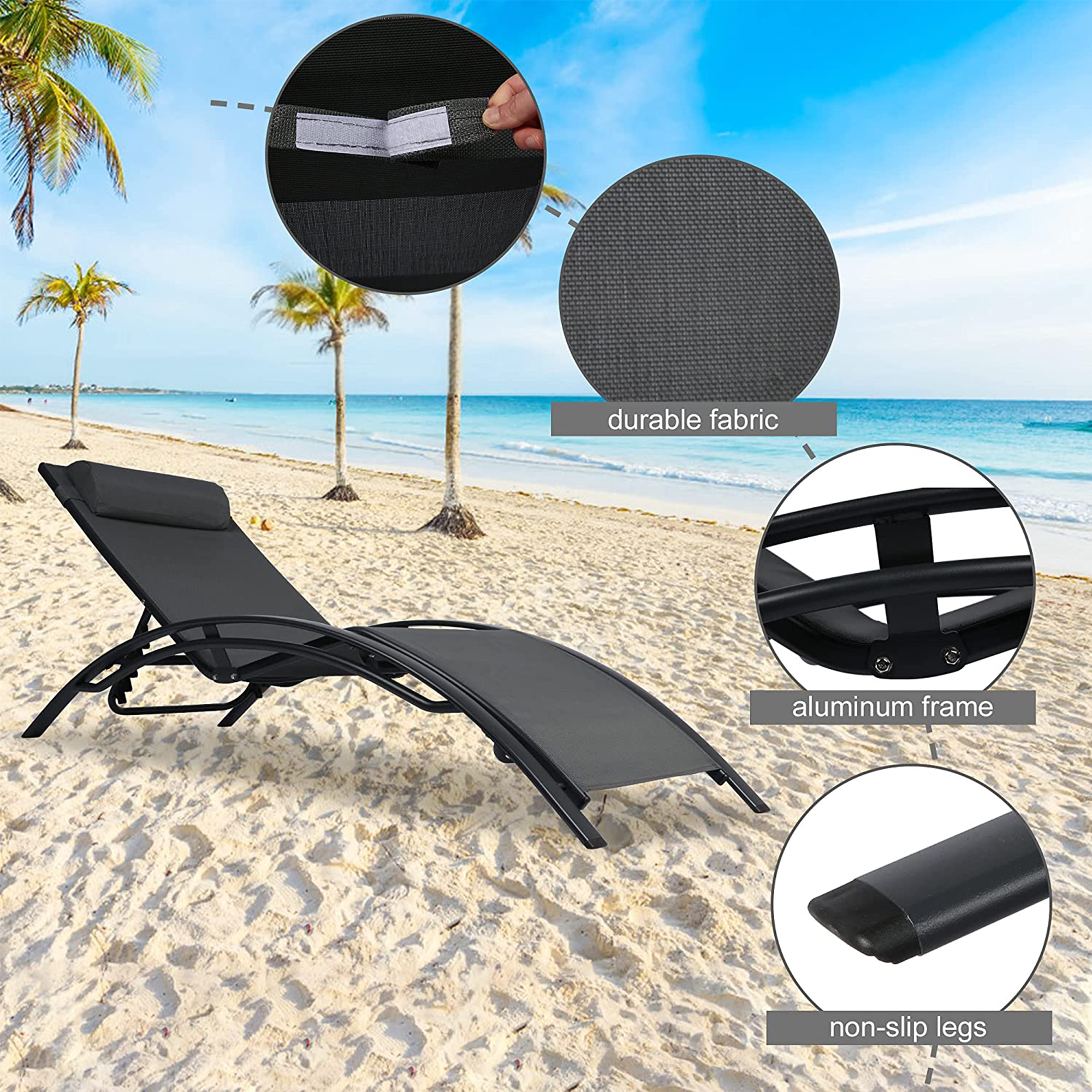 KARMAS PRODUCT Chaise Lounge Aluminum Chair Set of 2 w/Tea Table, Patio Lounge Chair Reclining 4 Adjustable Back Position w/Removable Cushions for Outdoor Beach Pool Backyard Garden Lawn,Gray - image 3 of 7