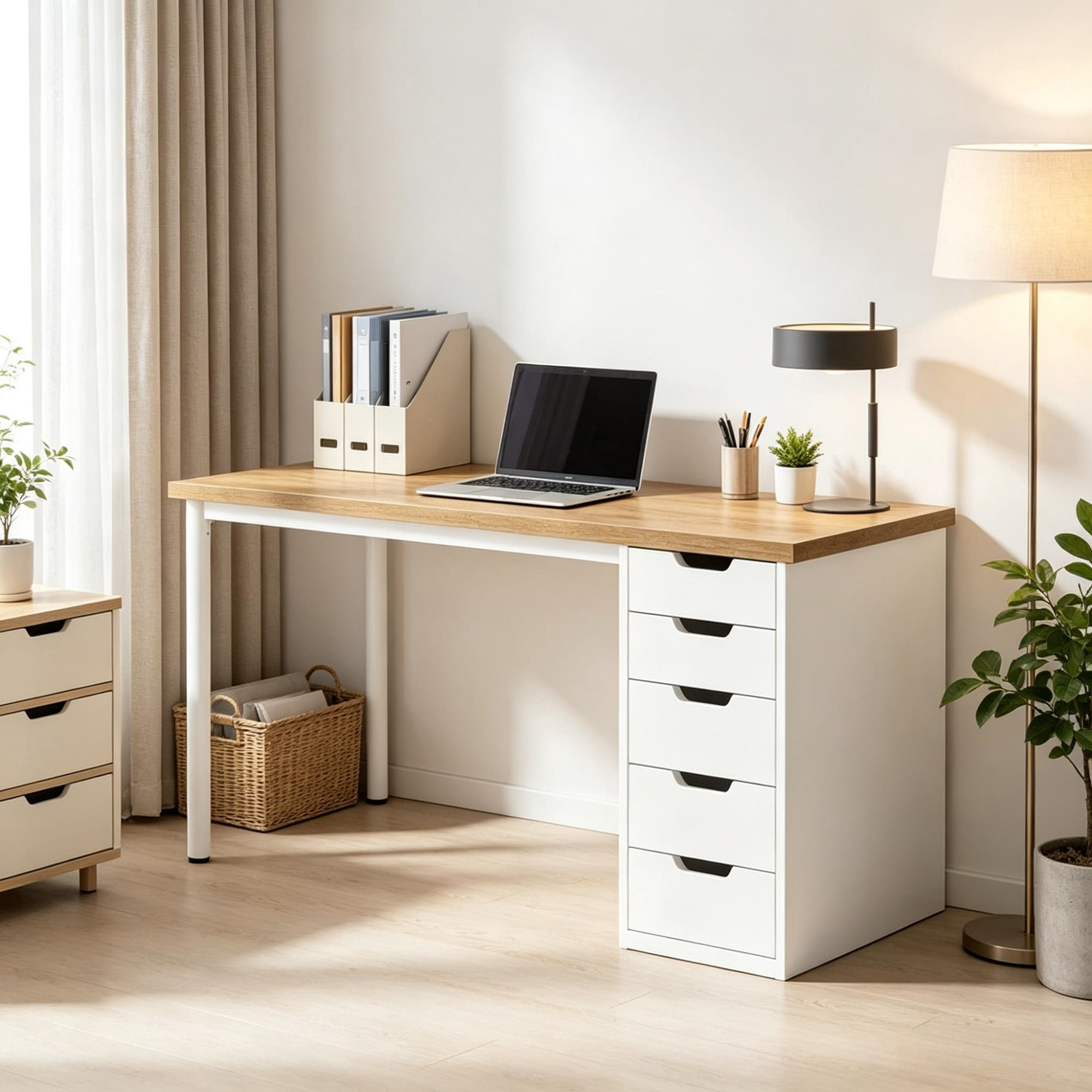 47 Inch Modern Computer Desk with 5 Reversible Drawers, Study Writing Table for Home Office