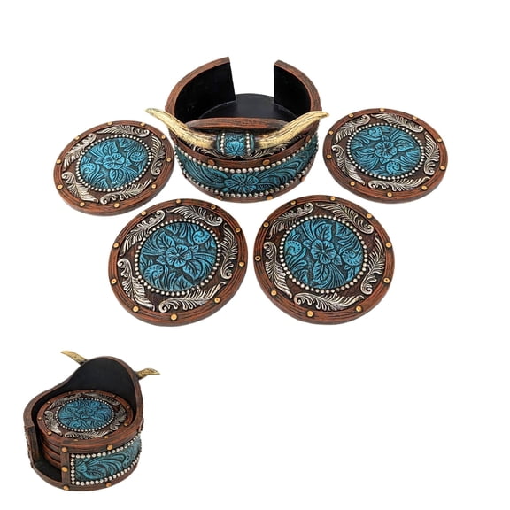 Rustic Southwestern Coasters Set: Faux Horn & Tooled Leather-Inspired Western Home Decor, Lodge, Cabin - Unique Gift for Cowboy Ranch Theme Enthusiasts