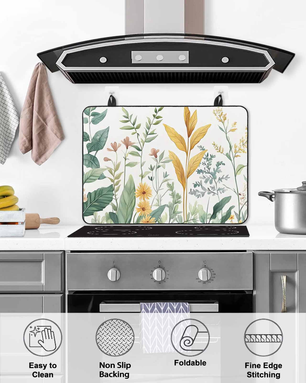 nqOlkjepod Large Induction Cooktop Protector Mat 28.5"x20.5", Yellow Green Botanical Stove Top Covers for Electric Stove, Rustic Watercolor Leaves Stove Burner Cover Mats, Glass Top Stove Cover