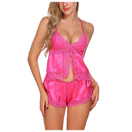 

Ykohkofe Women Sexy-Lingerie Sleepwear Satin Silk Babydoll Lace Up Nightwear Pajamas Set