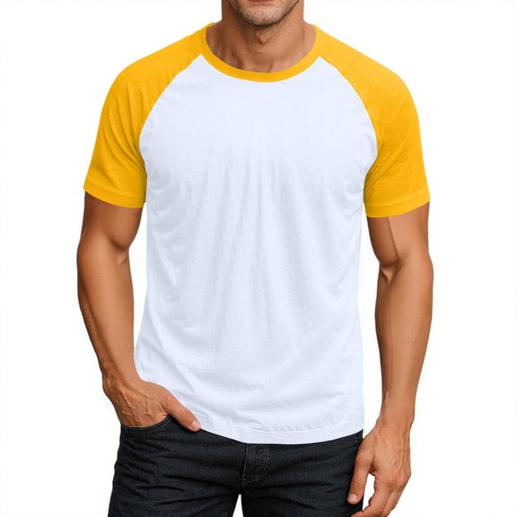 Godokuleh Baseball T Shirts for Men Raglan Short Sleeve Crewneck Tees Color Block Casual Slim Fit Tops Workout Fashion Shirt Yellow XL