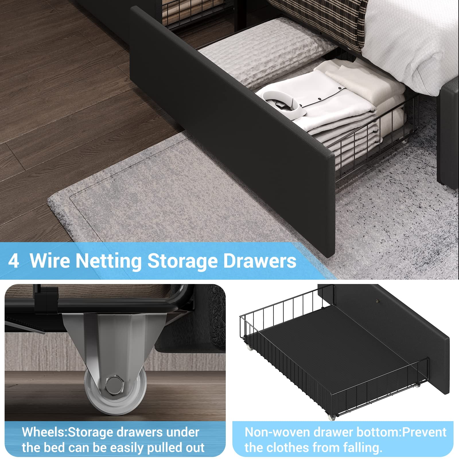 Queen LED Bed Frame with 4 Storage Drawers and USB Ports and LED Headboard, Faux Leather Upholstered Platform Bed Frame with 3 Side Light Strip, Black