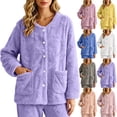 thumbnail image 6 of Moxiu Fleece Bed Jacket for Women Cozy Soft Plush Jackets Floral Texture Pajama Top with Pockets Button Front Lounge Sleepwear Purple,L, 6 of 9