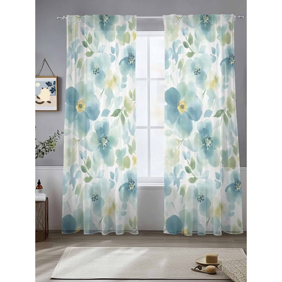 Teal Blue Flower Sheer Curtains for Living Room Bedroom Abstract Garden Botanical Leaves Sheer Curtains 84 Inch Long 2 Panels Set Light Filtering Curtain Window Treatments Drapes for Dining Room