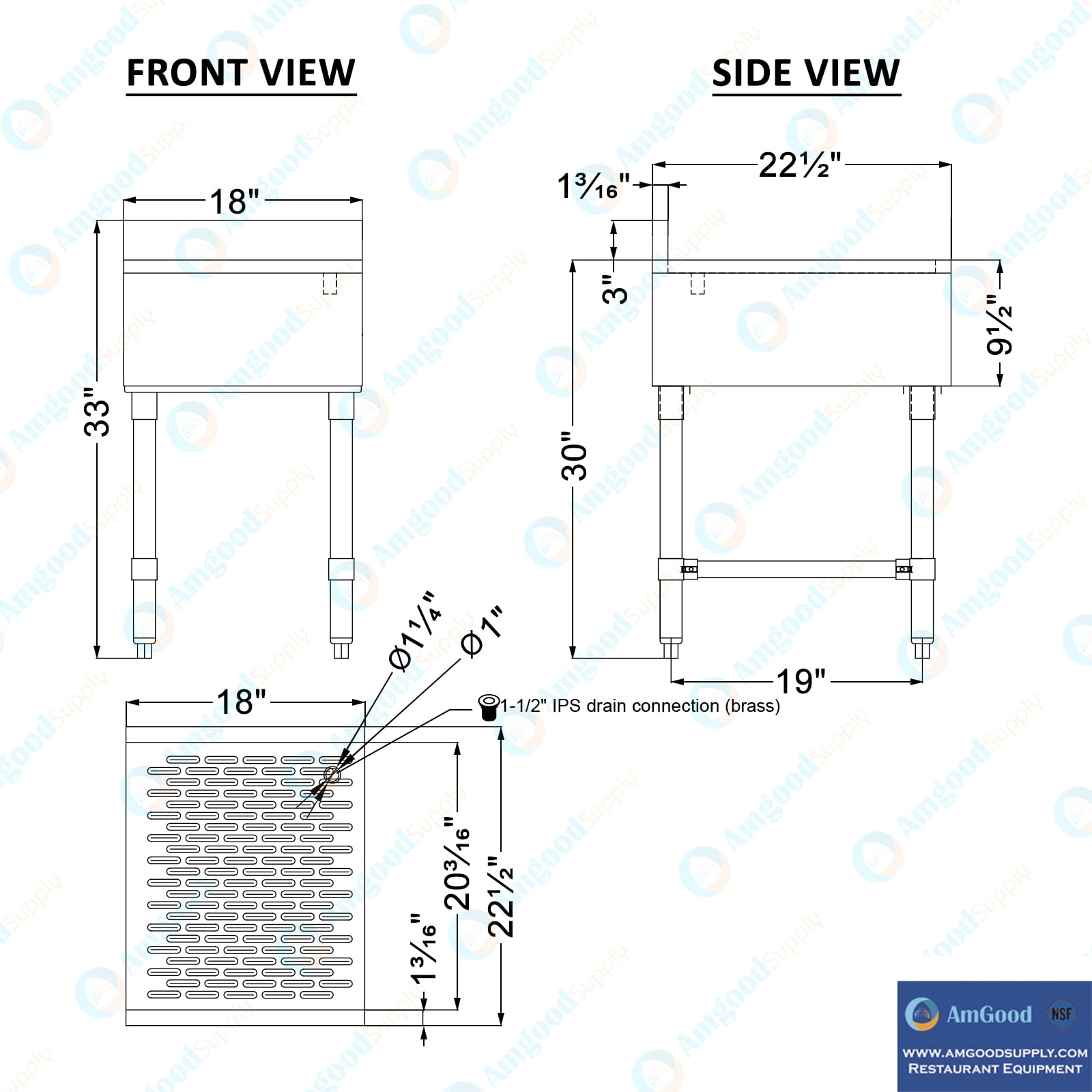 AmGood Underbar Stainless Steel Drainboard 22-1/2 in. x 18 in. x 30 in. H with 3 in. Backsplash