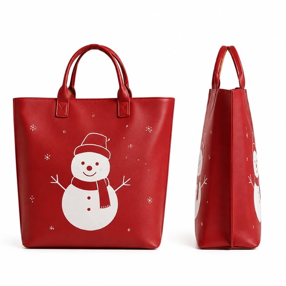 Fmbmuo Snowman Leather Tote Bag for Women, Red Canvas Tote Bags, Travel Bag for School Outdoor Grocery Shoulder Bag