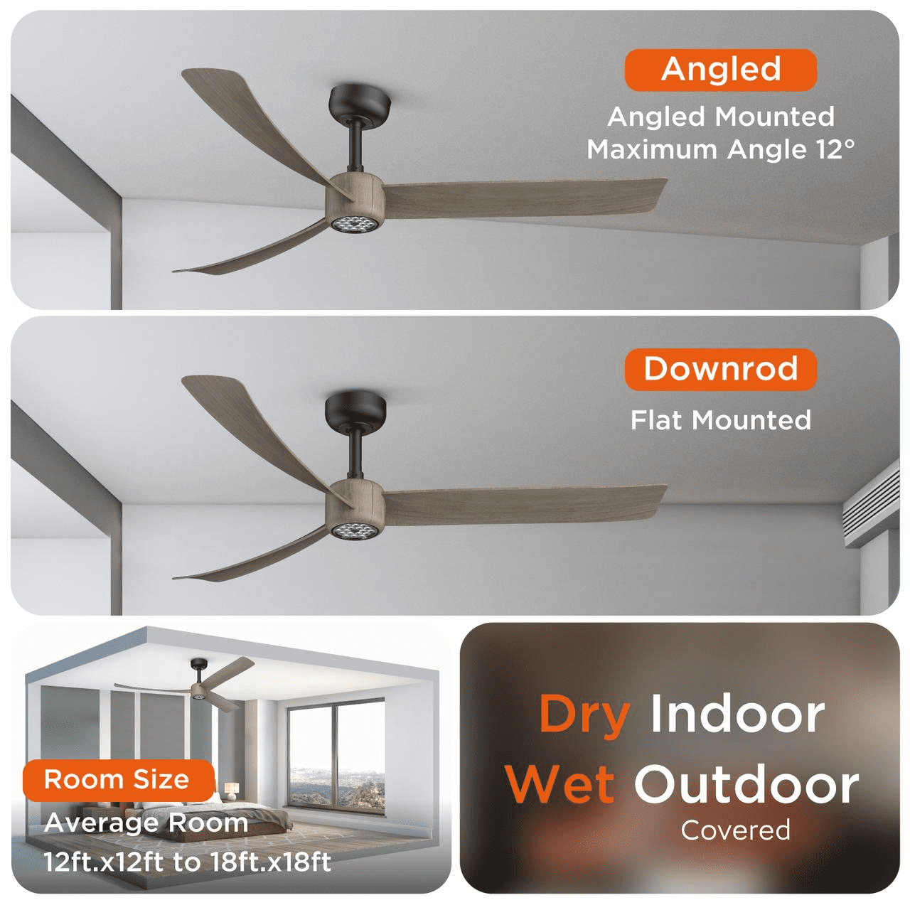 52 Inch Modern Ceiling Fan with Lights, 3 Blades Black Walnut Finish, Reversible DC Motor, 3000-6500K Dimmable LED Light, Timer & Remote Control for Living Room Bedroom Kitchen